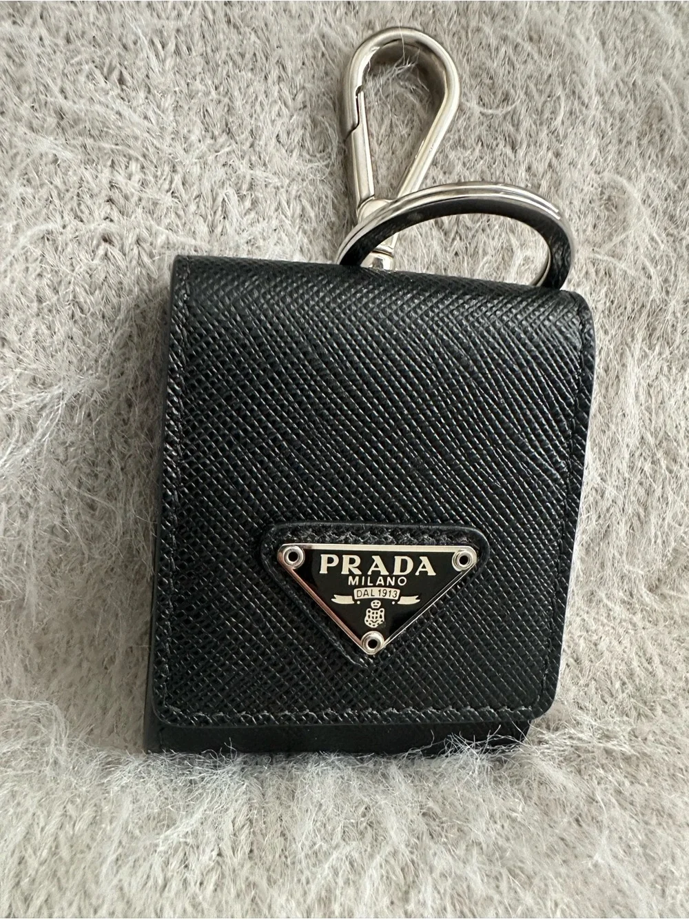 Prada Saffiano Leather AirPods Case Keychain Nero Black 2TT133